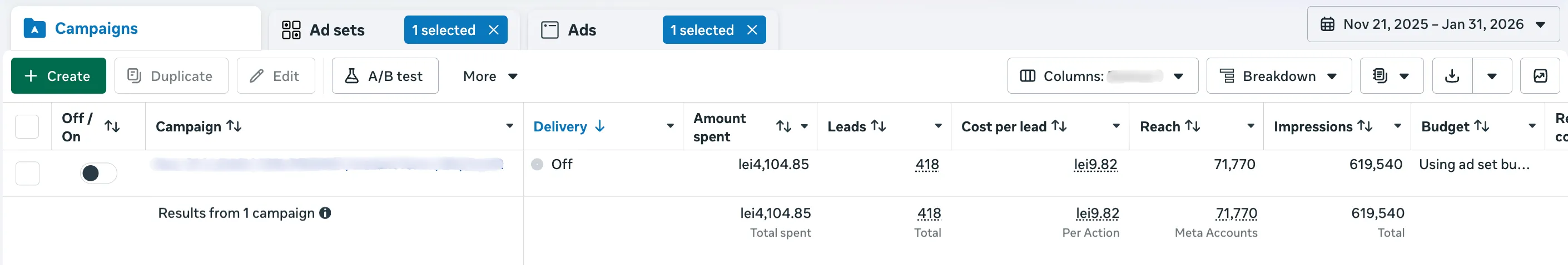 Meta Ads Manager kampányösszesítő a 2025. november 21. és 2026. január 31. közötti ingatlanfejlesztési érdeklődőgyűjtő kampányról.