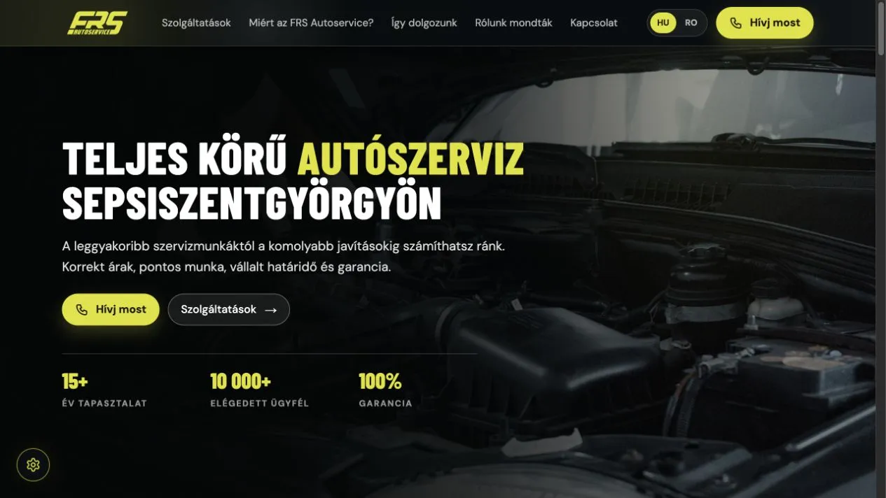 Az FRS Autoservice weboldalának kezdőképernyője
